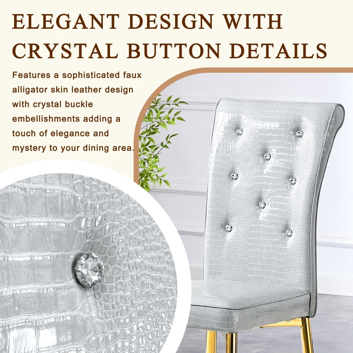 Set of 4 Vintage Dining Chairs, Gray Faux Alligator-Textured PVC Leather Upholstered Chairs with Crystal Button Details & Gold Metal Legs, 400 LBS, Gray & Gold
