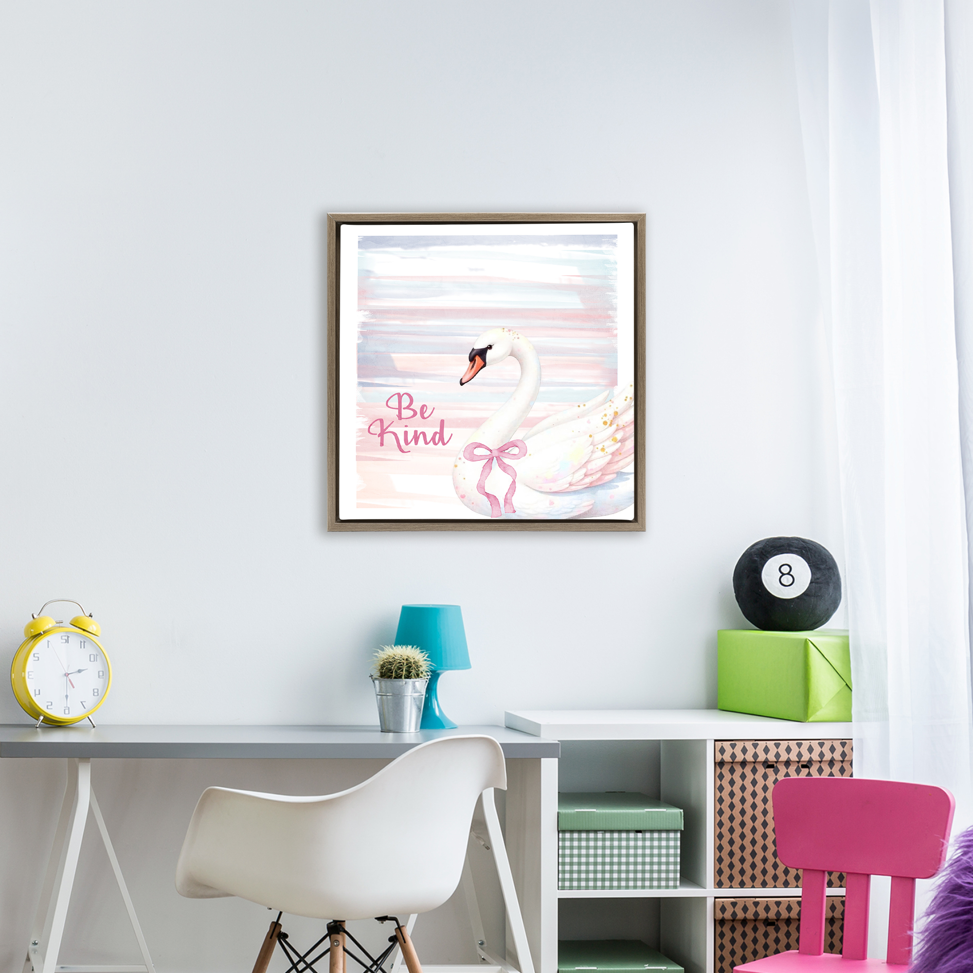 Be Kind Pastel Swan Brown Framed Floater Canvas Wall Art, design by Kim Allen