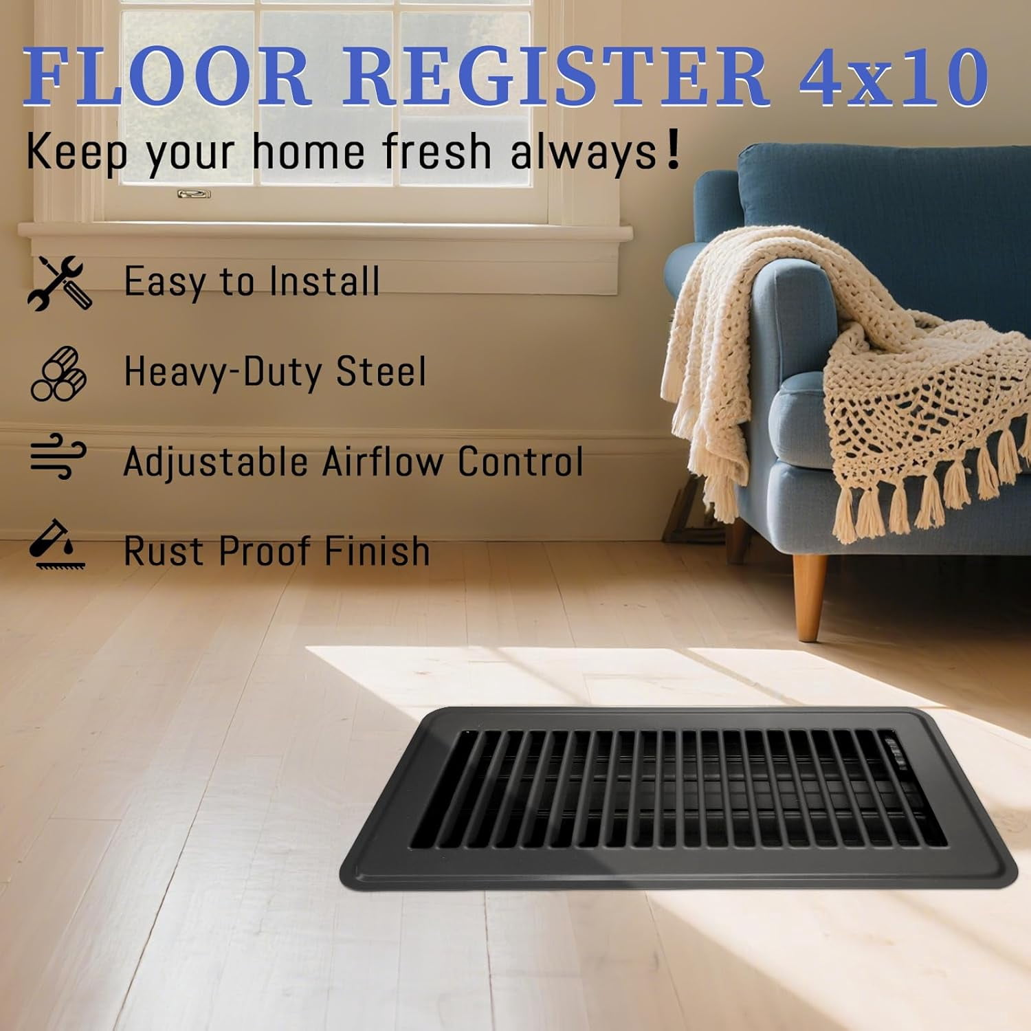 VIB 4 x 10 Floor Register, Black Heavy Duty Metal Air Vent Cover with Rust Proof Finish and Adjustable Knob, Ideal for Floor Wall Ceiling Home Use