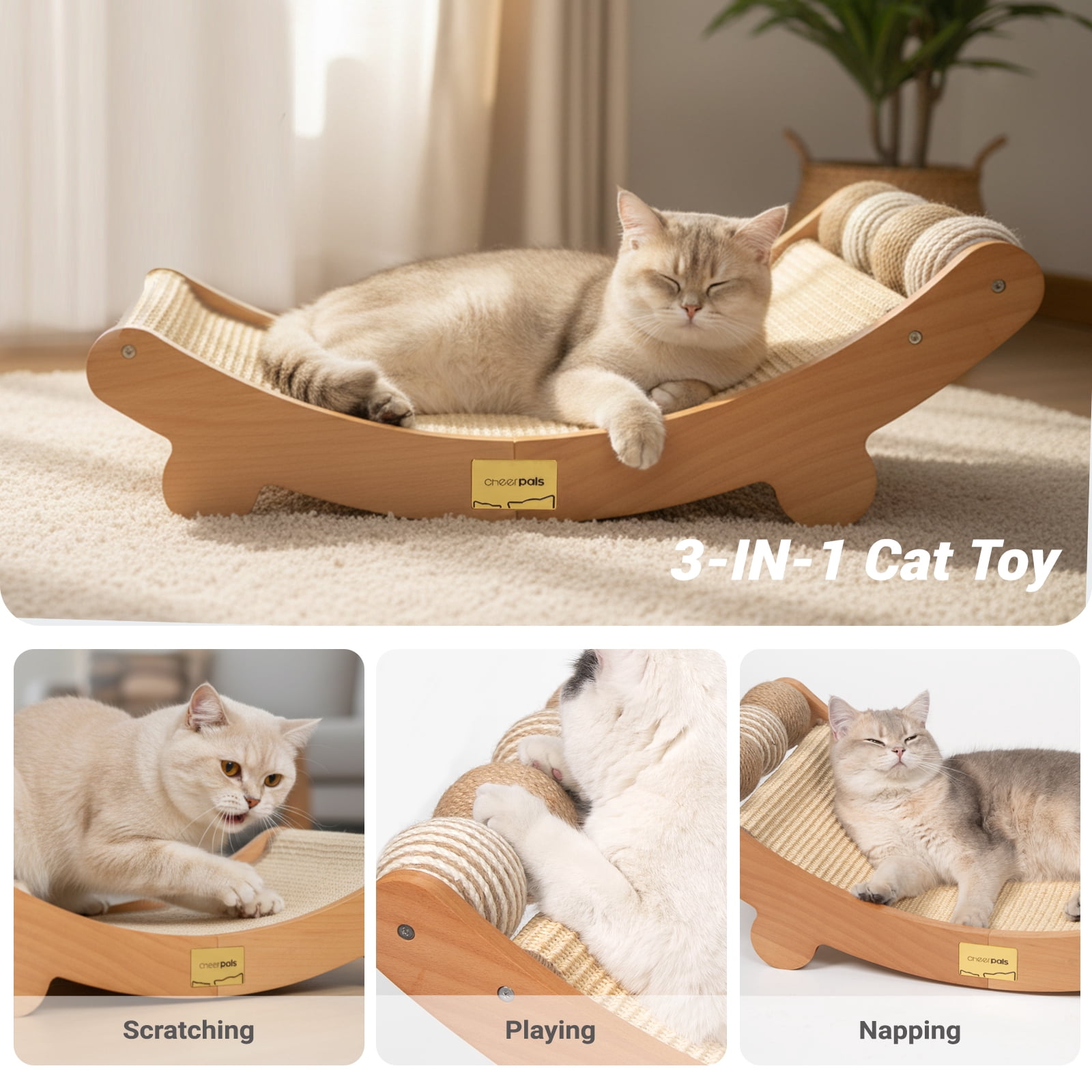 CheerPals Cat Scratcher Pad with Toy Balls, 27x14in Solid Wood Scratching Bed, Sisal Cats Chair Hammock Lounge for Indoor Cat