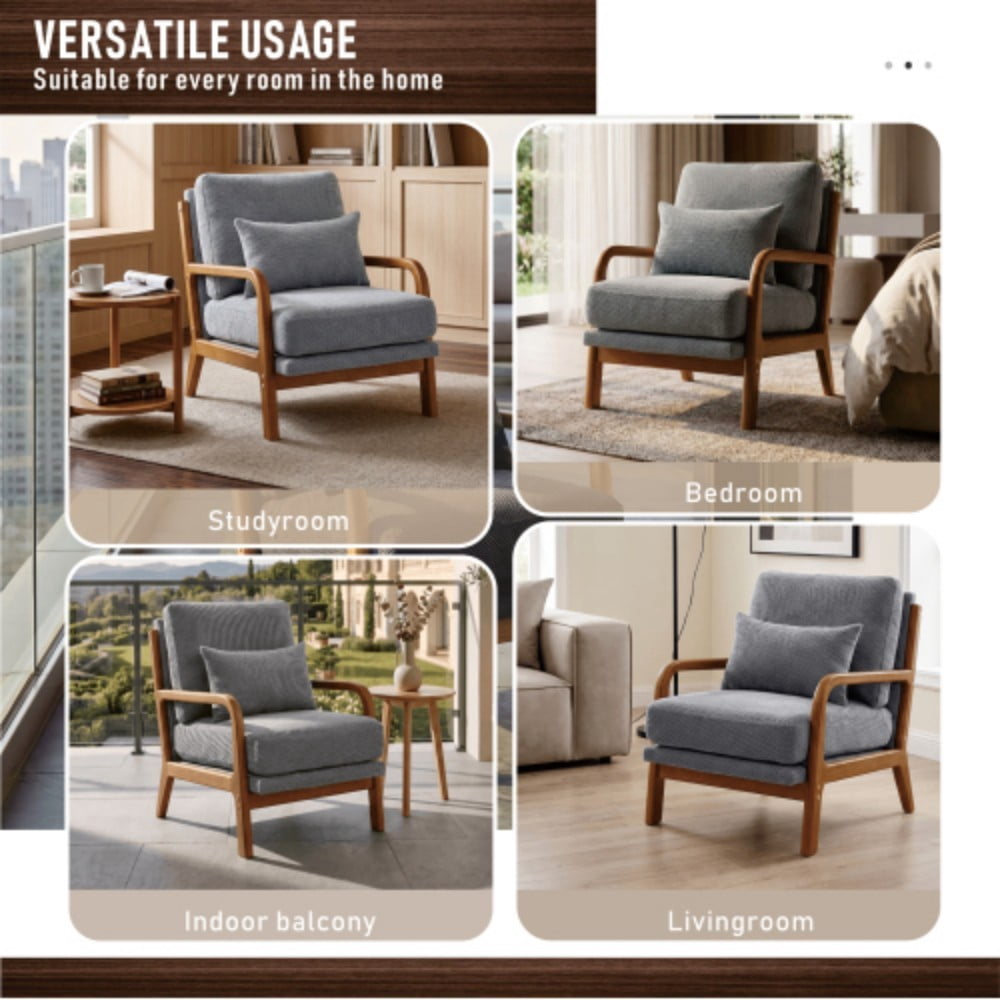Wooden Lounge Chair, Modern Upholstered Accent Chair with Solid Wood Armrests, High-Density Foam Cushion, Reclined Backrest for Living Room, Bedroom & Office, Light Gray