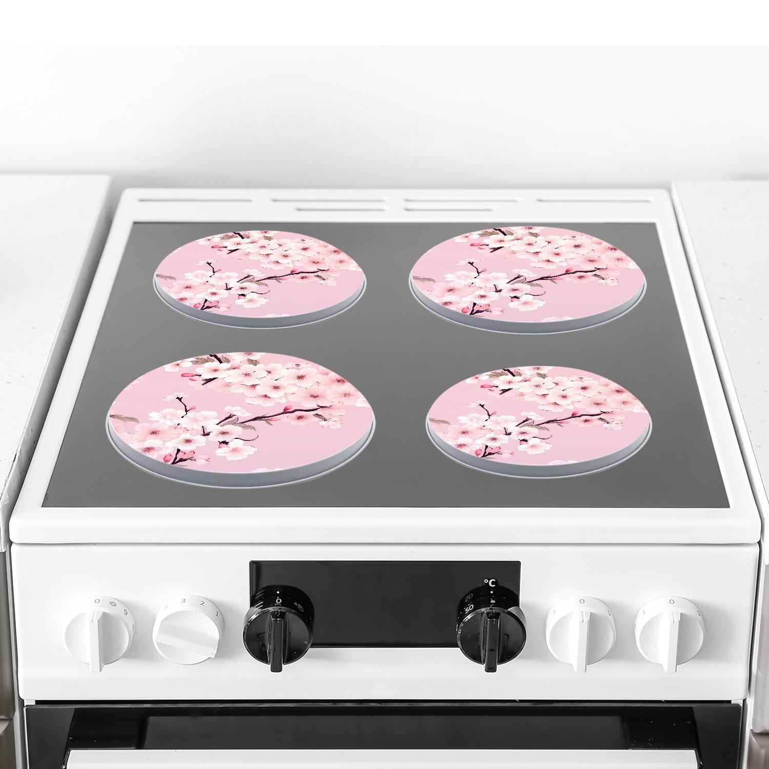 Round Stove Burner Covers 4 Pcs Metal Electric Stove Burner Covers 8Inch And 10Inch ,Pink Cherry Blossom print