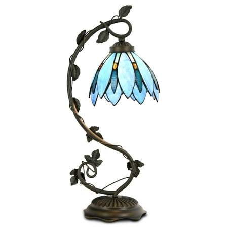 Stained Glass Billiard Light Shade - Cloud Mountain Tiffany Style Table Lamp Light Blue Floral Leaf Lotus Shape Arched Stained Glass Desk Lamp Home Decor Lighting with 7 Inch Lampshade