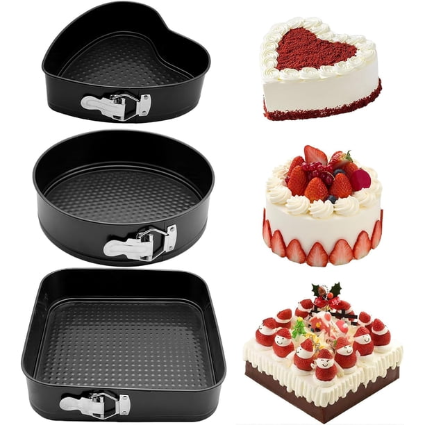 Juego de 3 moldes desmontables para tartas de queso (18, 20 y 23 cm), redondos, cuadrados, antiadherentes, con base extraíble, de acero al carbono.