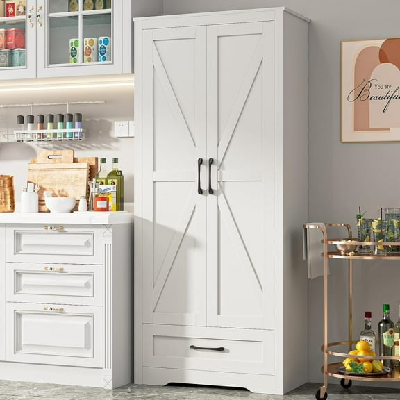 MIDODO 72" Tall Farmhouse Kitchen Pantry with Adjustable Shelves, Large Wood Storage Cabinet with Drawer & 2 Barn Doors