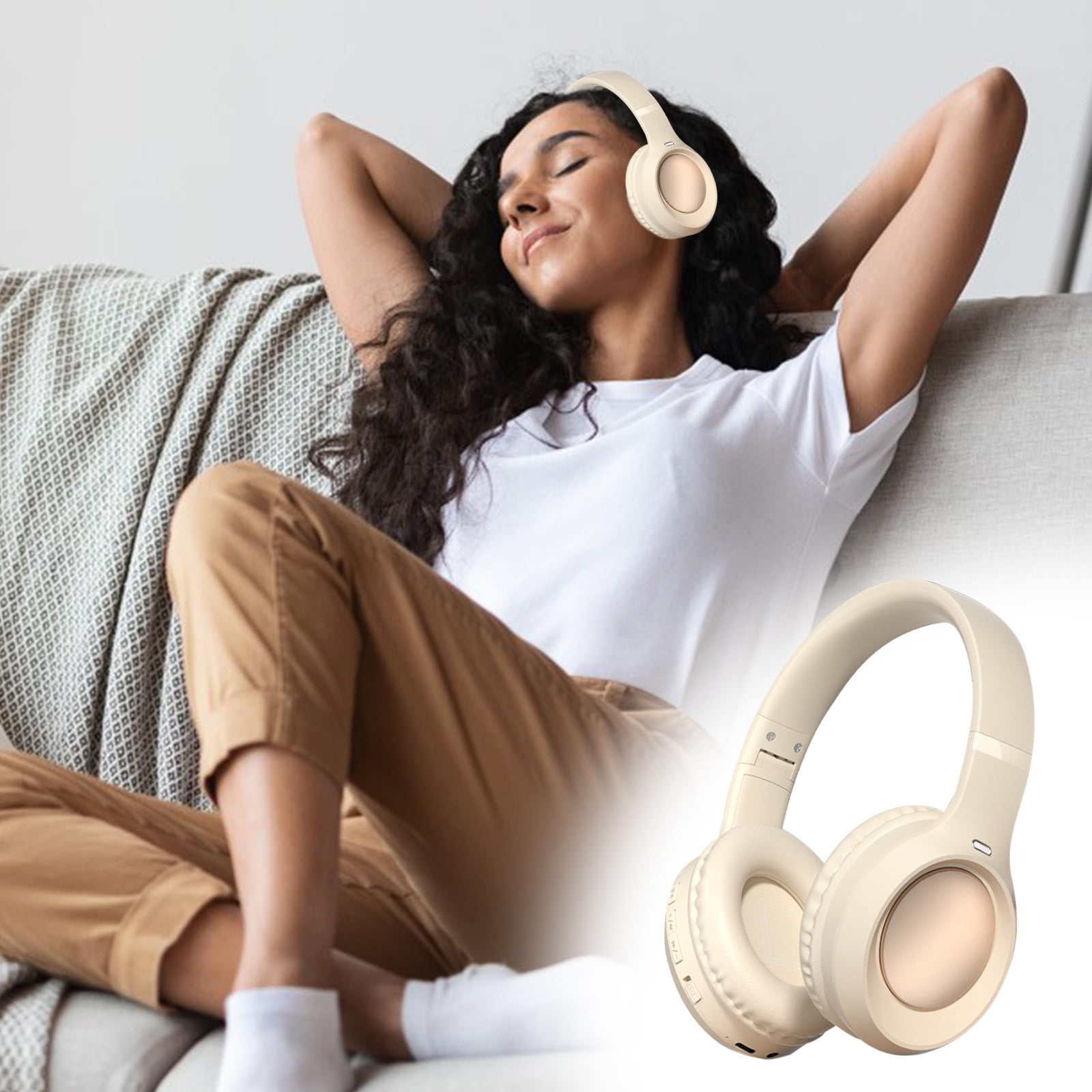 Wireless Headphones Bluetooth On-Ear Headset with Microphone,Beige