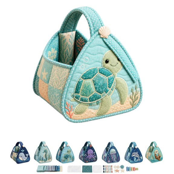 Quilted Fabric Storage Basket with Patchwork,Garden & Ocean Theme Carry Basket Sewing Kit,Ideal for Storing Toys,Books & Crafts in Any Room