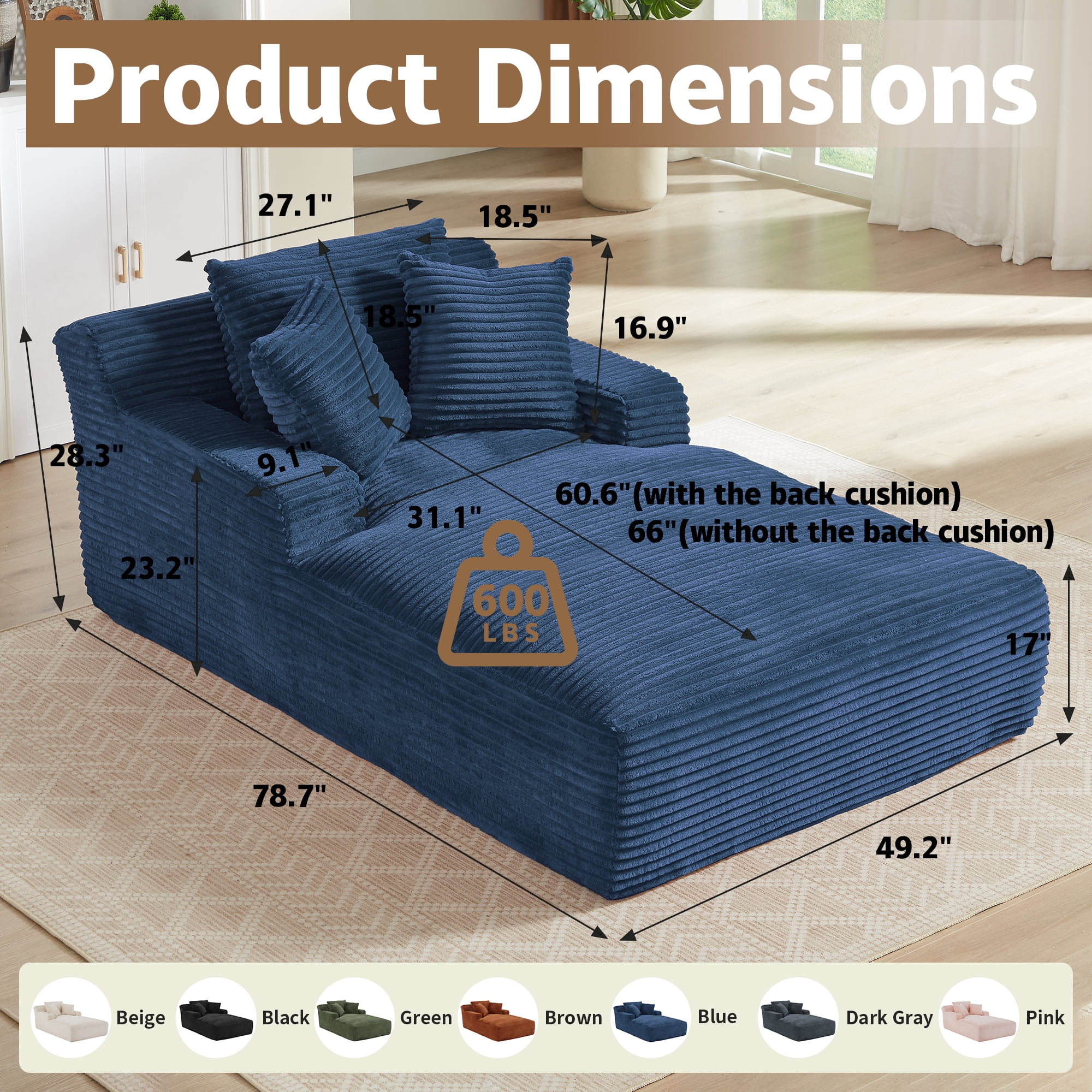 Kosynda Extra-long 79" Chaise Lounge Chair Indoor, Corduroy Upholstered Modern Sofa Couch with Pillows for Living Room, Office, No Assembly Required, Blue