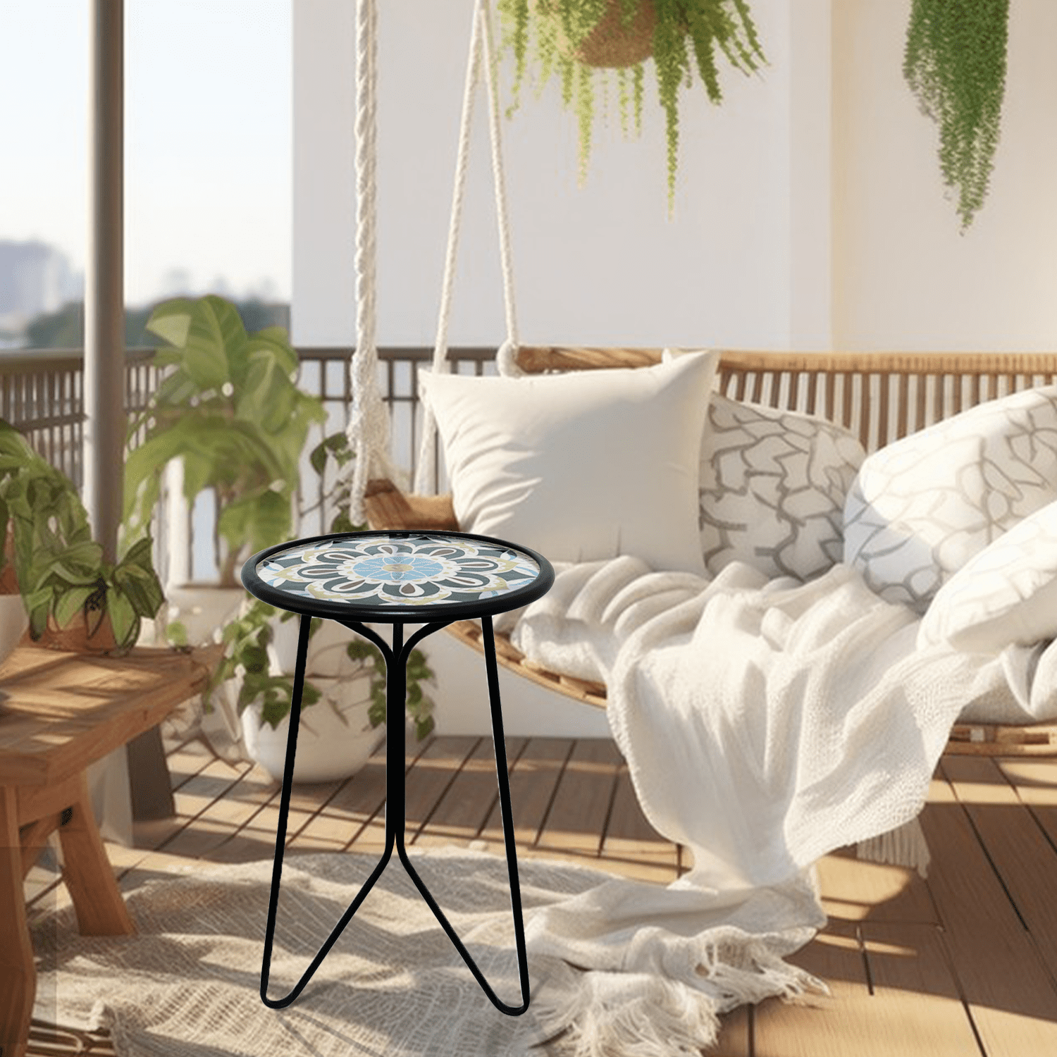 Liffy Outdoor Mosaic Table - Stylish Flower Art Design Metal & Glass End Table-Plant Stand for Patio, Balcony and Living Room - 12x12x22 inches