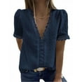 thumbnail image 3 of Camiseta de mujer Encaje Cuello en V Camisa de manga corta Blusa Top casual, Azul marino, S Vogacara  AP001454-16, 3 of 6