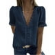 thumbnail image 3 of Camiseta de mujer Encaje Cuello en V Camisa de manga corta Blusa Top casual, Azul marino, XL Scienceny AP001454-19, 3 of 6