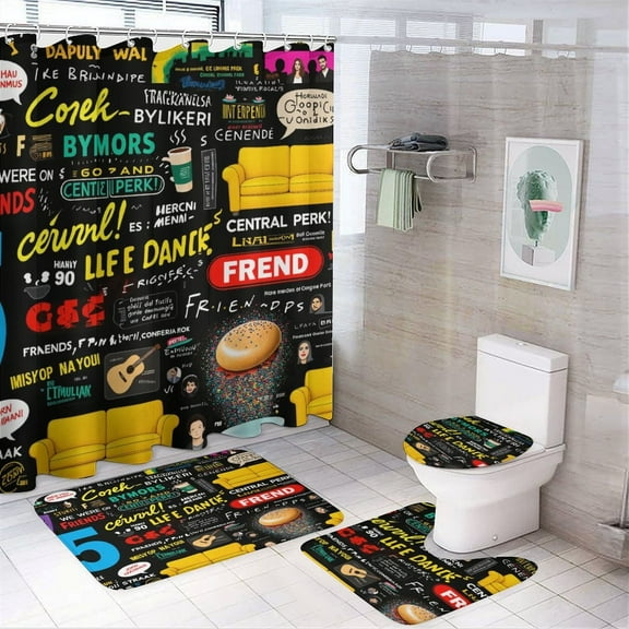 FRIENDS TV SHOW COLLAGE Shower Curtain Bathroom Sets Toilet Lid Rug, Rugs Mat Bath Mat And Contour Mat, Shower Curtain 4Pcs