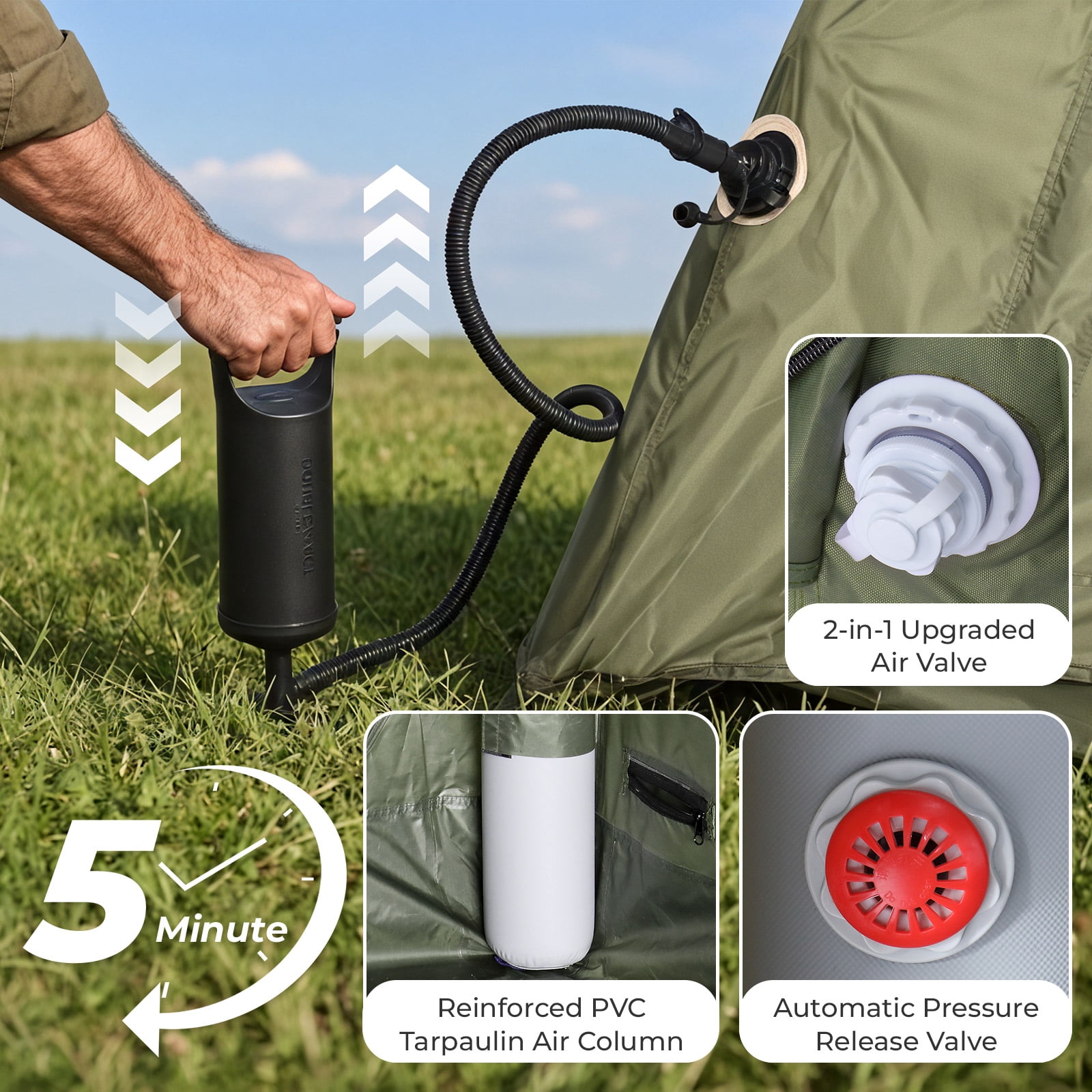 UBesGoo 2-4 People Inflatable Tent with Hand Pump for Camping, Easy Setup Air Glamping Tents with Extra Canopy, Camping Tent for Family, Green