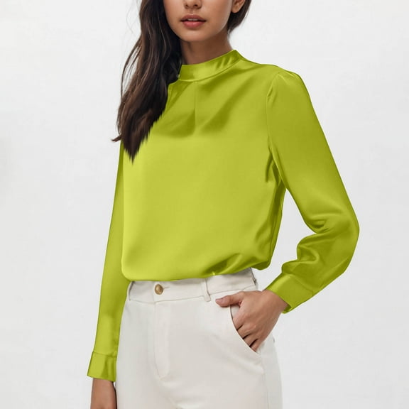 Aueoeo Women Satin Blouses Casual Long Sleeve Round Neck Silk Shirts Elegant Dressy Business Work Tunic Top