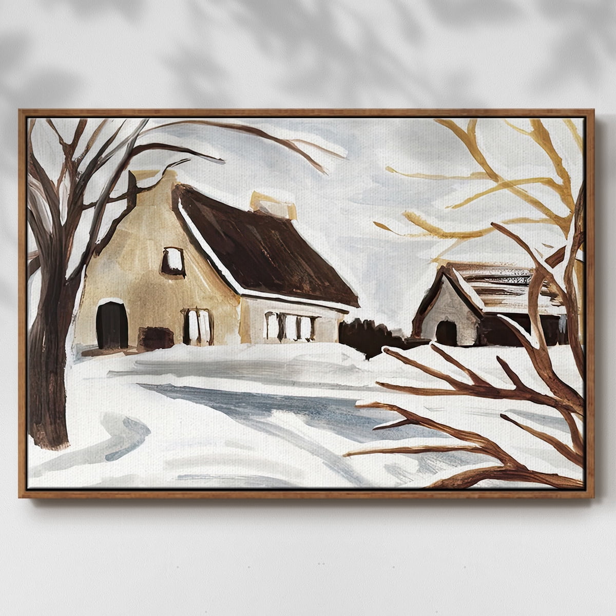 Winter Cottage II - Framed Gallery Wrapped Holiday Canvas - 25 x 37 - Rosewood Frame