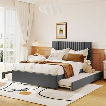 Linen Upholstered Platform Bed with 2 Drawers and Trundle,Queen/Full Size Grey - Full