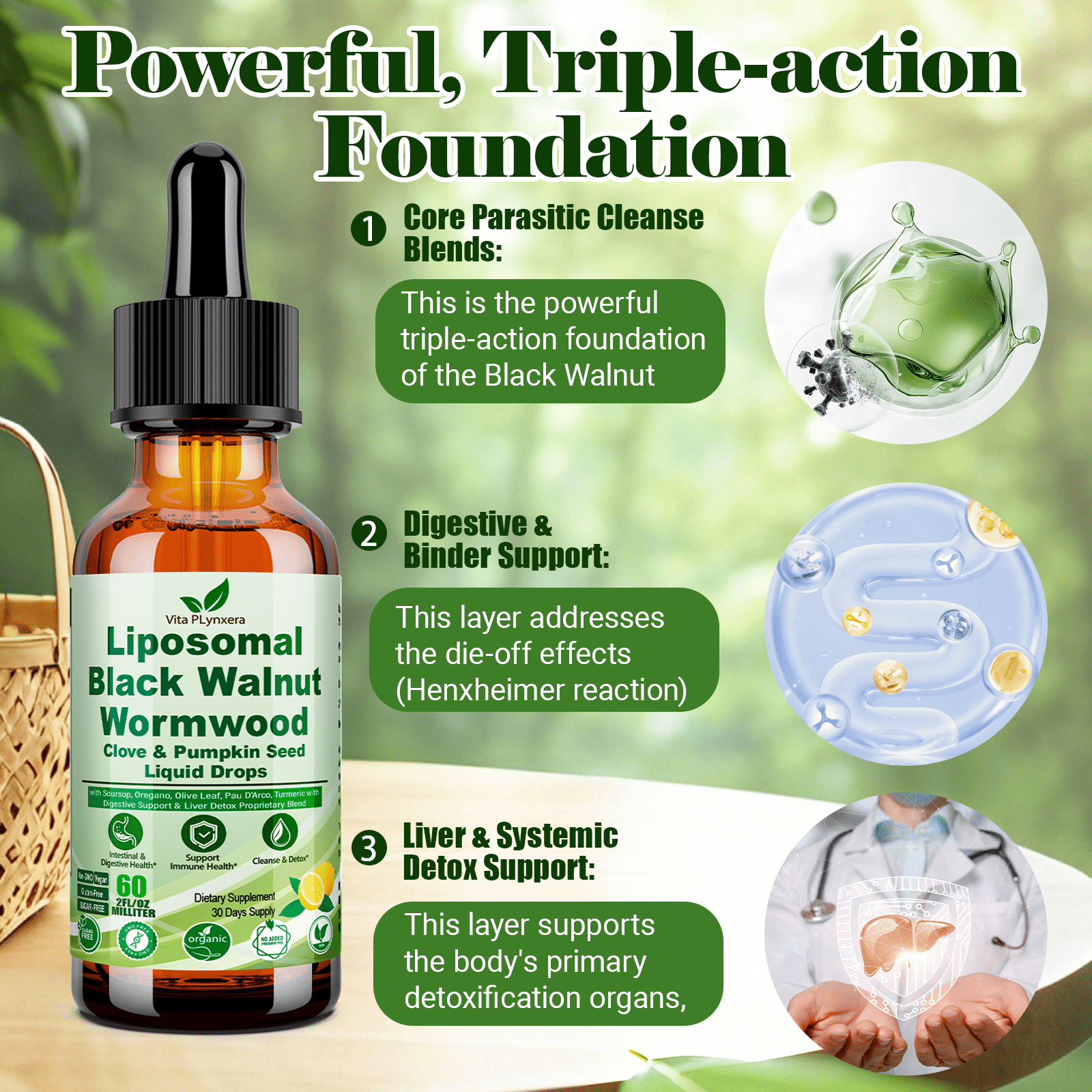 Vitaplynxera Black Walnut Wormwood Clove Cleanse Drops | 15-in-1 Organic Gut Detox for Men & Women | Liposomal Absorption