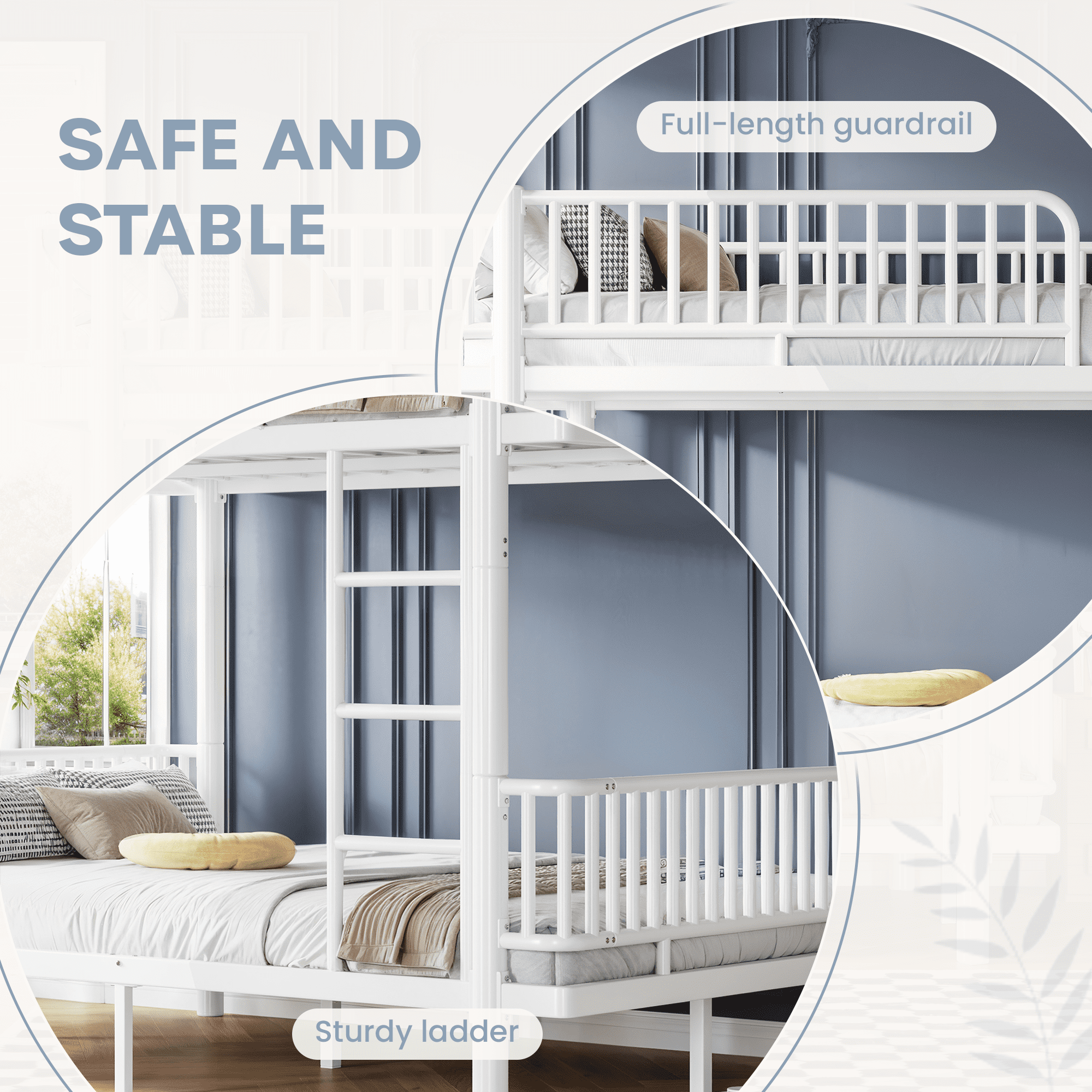 Leumius Queen over Queen Bunk Bed Frame with Ladders & Guardrails, Metal Bunk Bed Frame with Upgraded Safety Round-Pipe Design, Can Transformed into 2 Platform Bed for Teens Adults White
