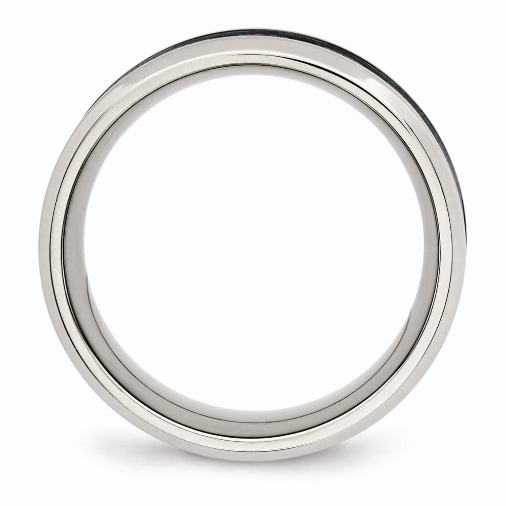 8mm Stainless Steel Polished Black Green Carbon Fiber Inlay Ring - Size 9