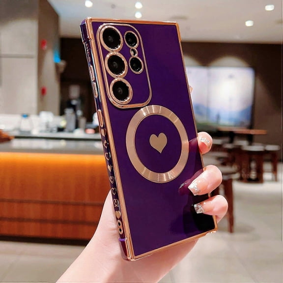 Compatible with Samsung Galaxy S25 Ultra Magnetic Protective Case Electroplating Soft TPU Shell with Cute Love Heart - Dark