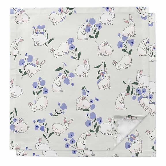 Easter Bunny Cloth Napkins, Spring Purple Flower Rustic Rabbit Farmhouse Washable and Reusable Dinner Napkins Set of 2, Table Napkin for Kitchen Party Birthday Wedding Hotel Housewarming 20"x20"