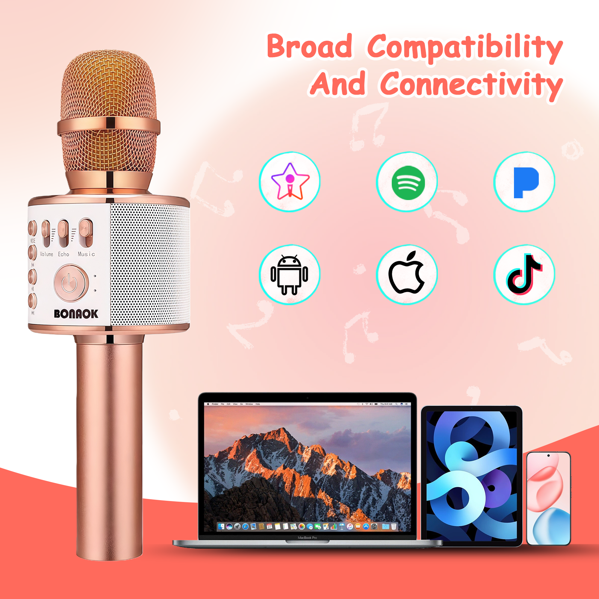 Bonaok Wireless Karaoke Microphone with LED Lights, Rose Gold photo 3