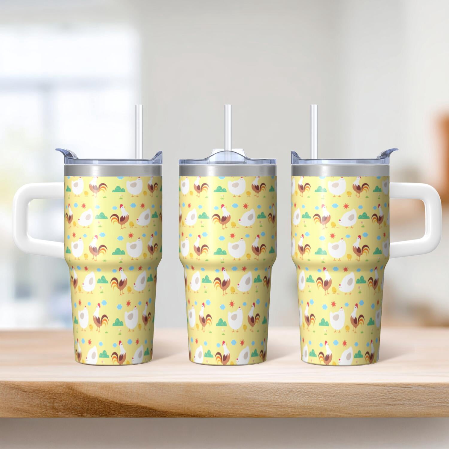 20oz Chicken Graphic Tumbler with Handle Fun Birthday Christmas Gift for Chicken Enthusiasts Women Men Insulated Travel Mug Cup Holder Friendly Wide Mouth for Ice Hot Coffee Cold Soda Daily Use