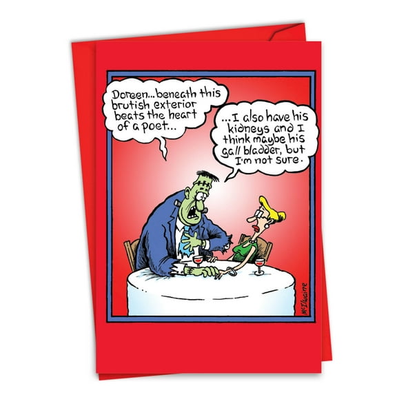Funny Valentine's Day Greeting Card with 5 x 7 Inch Envelope (1 Card) Clockworks - Frankenstein Dining with Woman