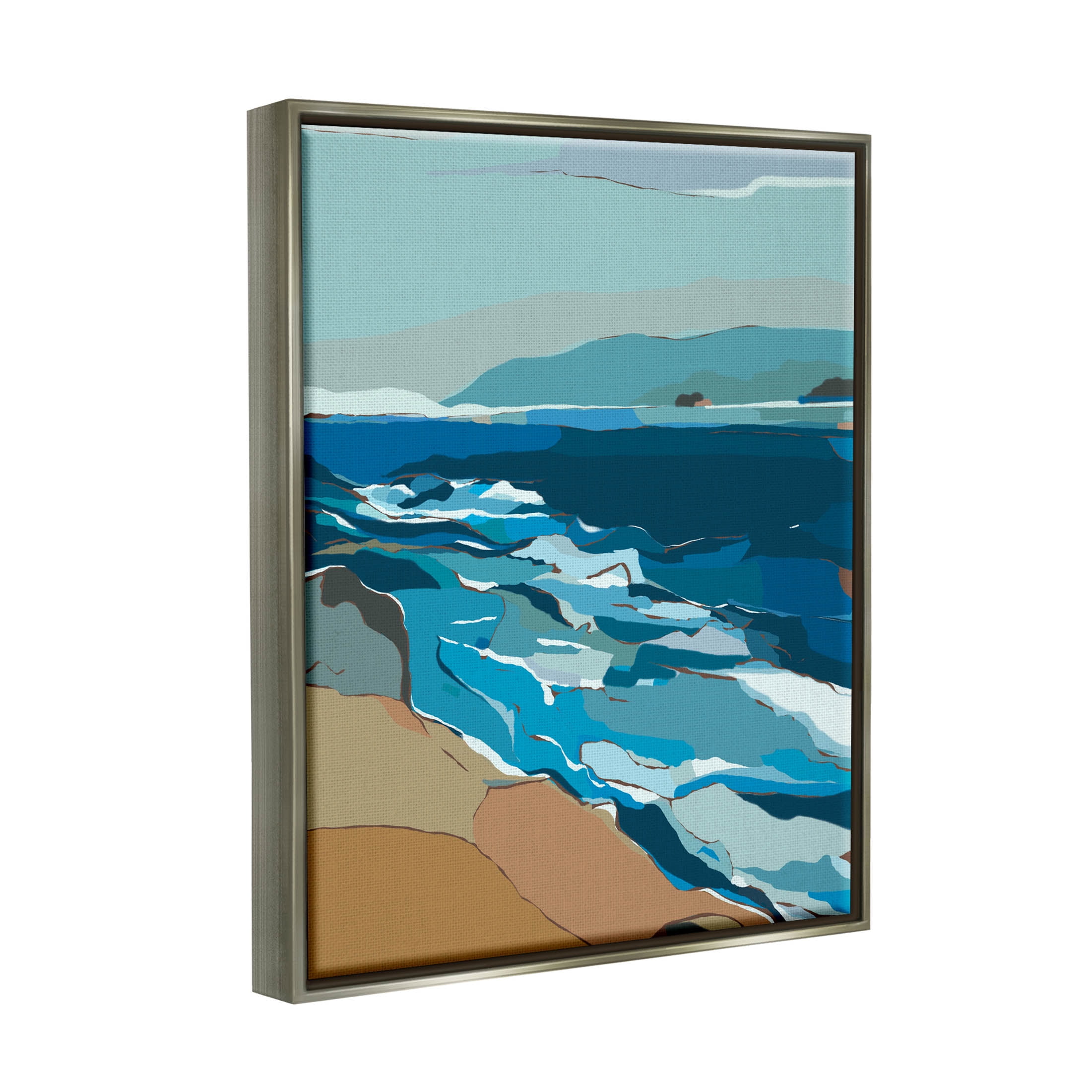 Stupell Industries Contemporary Beach Shore Waves Graphic Art Luster Gray Floating Framed Canvas Print Wall Art, Design by Nikita Jariwala