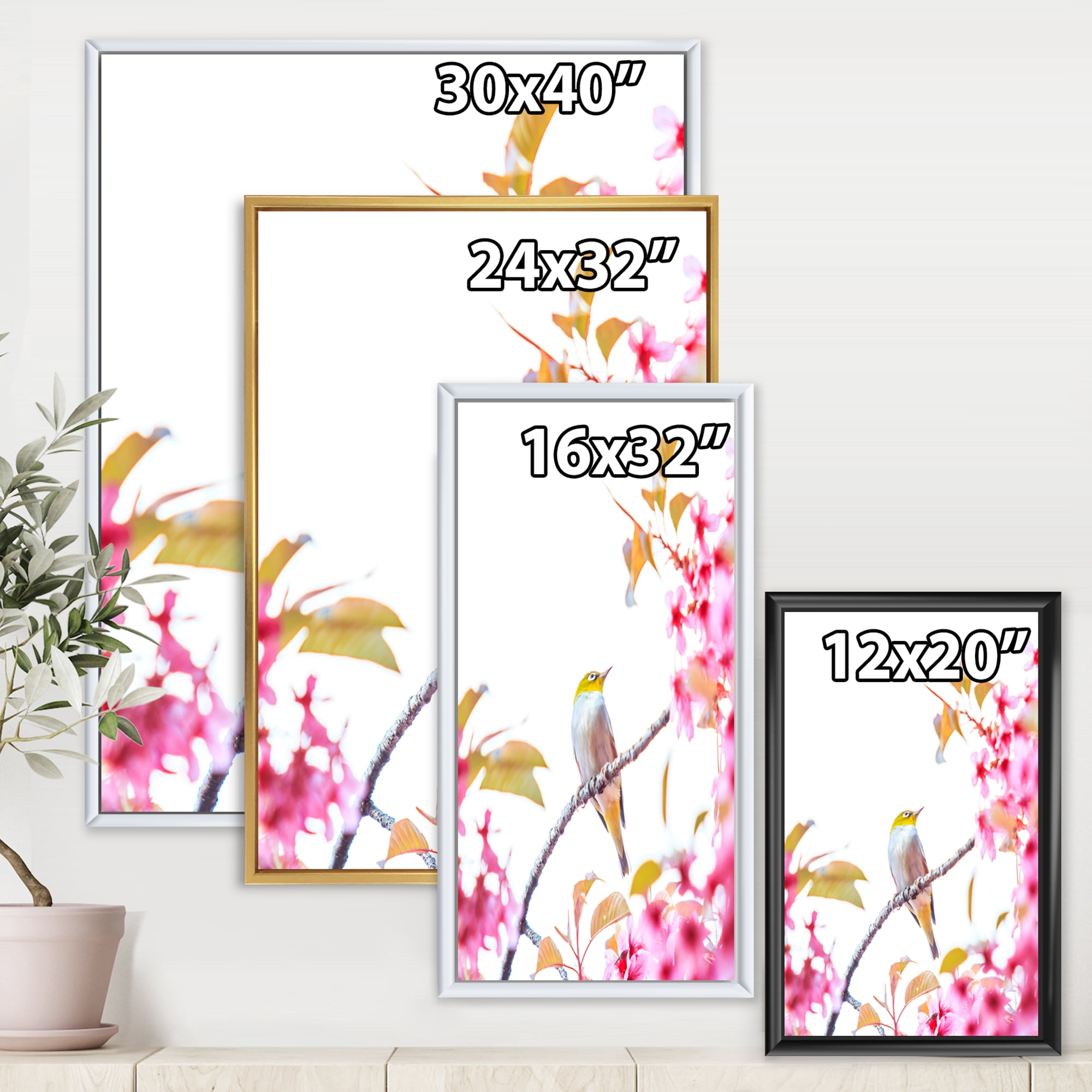 Designart 'Bird Sitting On Cherry Blossom' Traditional Framed Canvas Wall Art Print