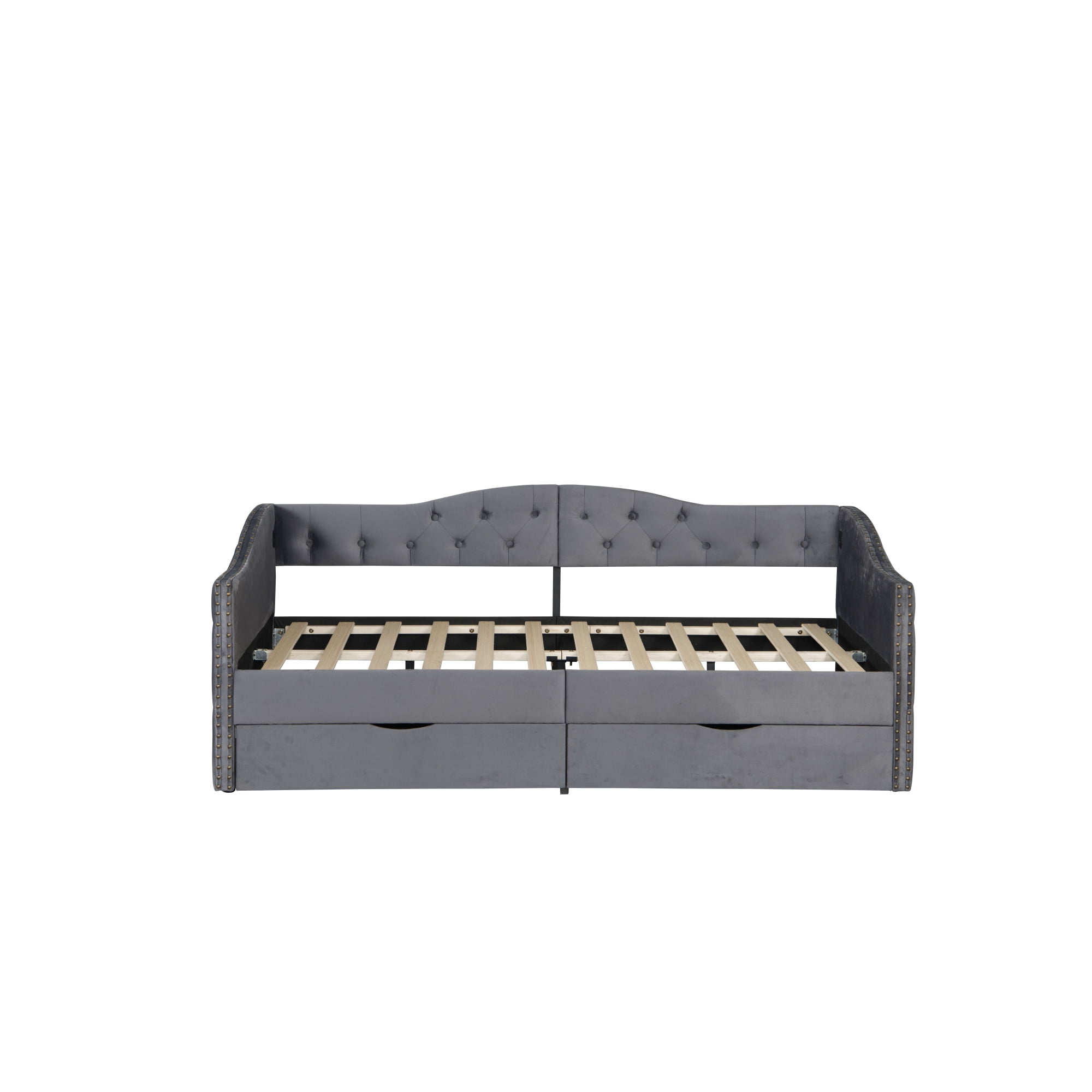 Leumius Twin Size Upholstered Daybed with Storage Drawers, Wood Daybed with USB Ports & 2 Storage Drawers for Living Room Guest Room Grey