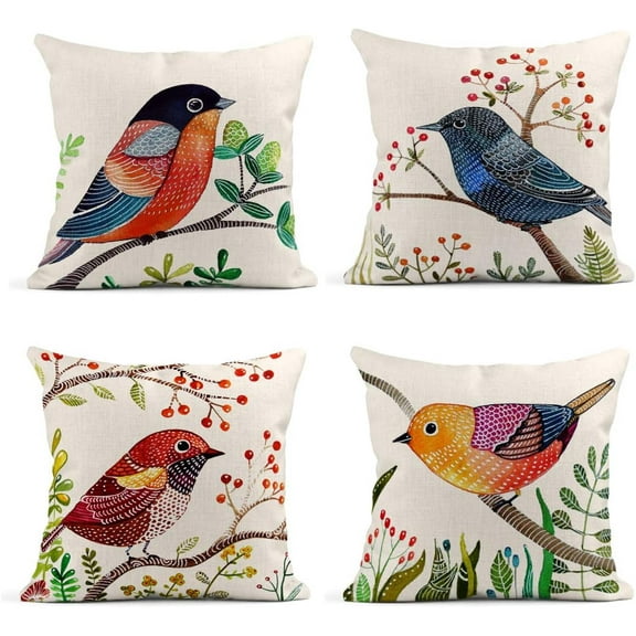 Set of 4 Linen Throw Pillow Covers 18x18 Inches Home Decorative Cushion Colorful Spring Animal Retro Flying Red Bird with Flowers Pillow Cases Square Pillocases for Outdoor Bed Sofa