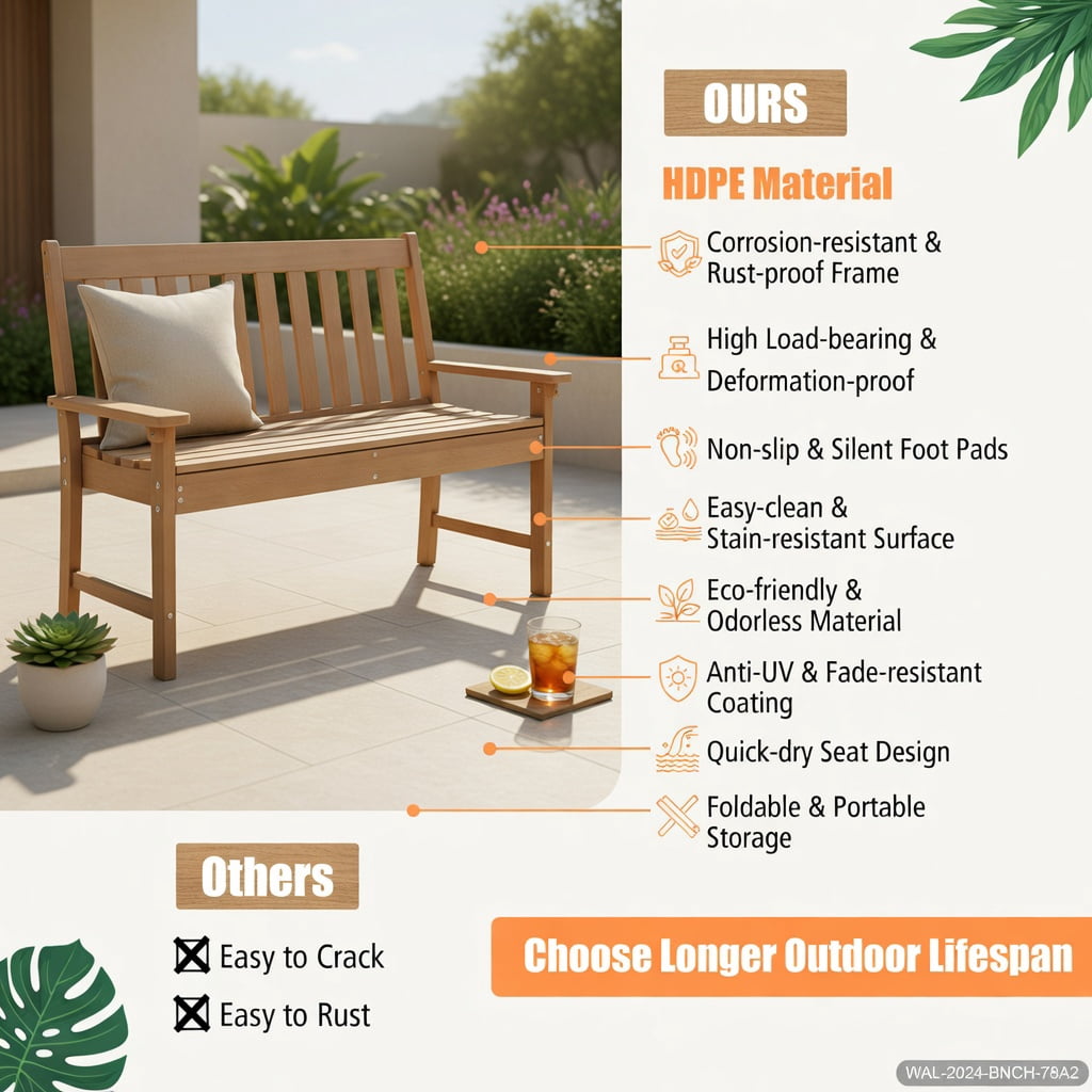 Hommoo 52" All-Weather HDPE Outdoor Bench with Backrest & Armrests, Weather-Resistant Teak-Style Patio Seating for Porch, Garden, Backyard, Natural