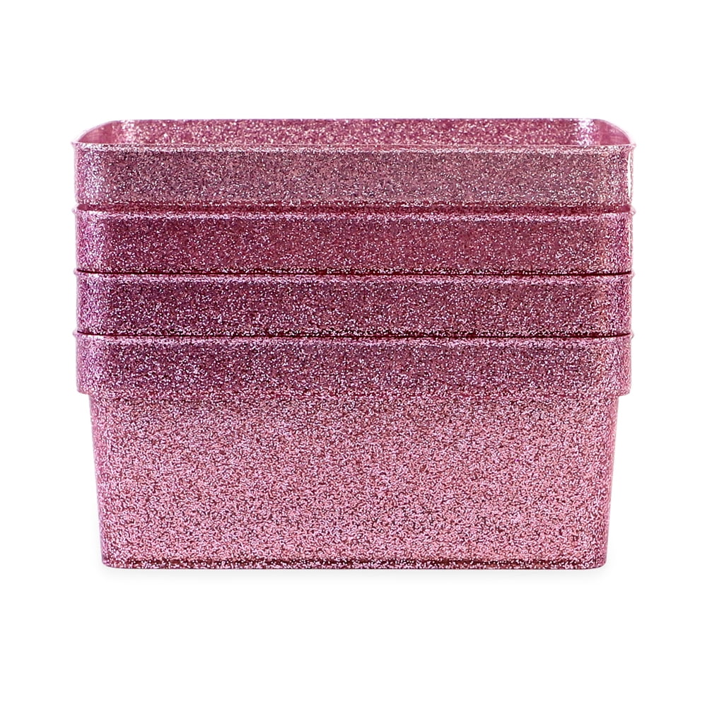 Isaac Jacobs 4-Pack Small Pink Glitter Storage Bin Set with Cutout Handles, Home Storage Solution