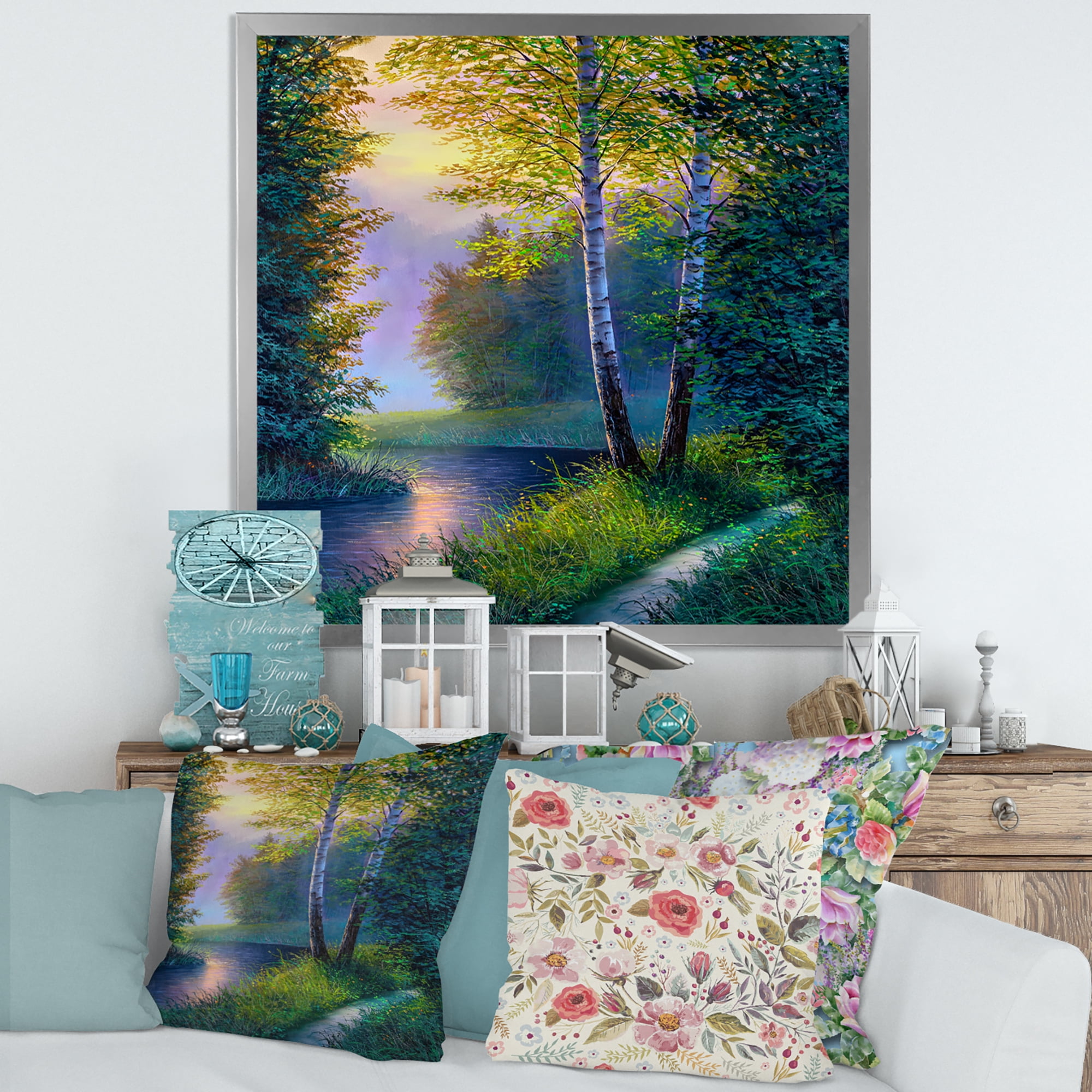 Designart 'Sunrise Glow Through The Birch Forest' Lake House Framed Art Print