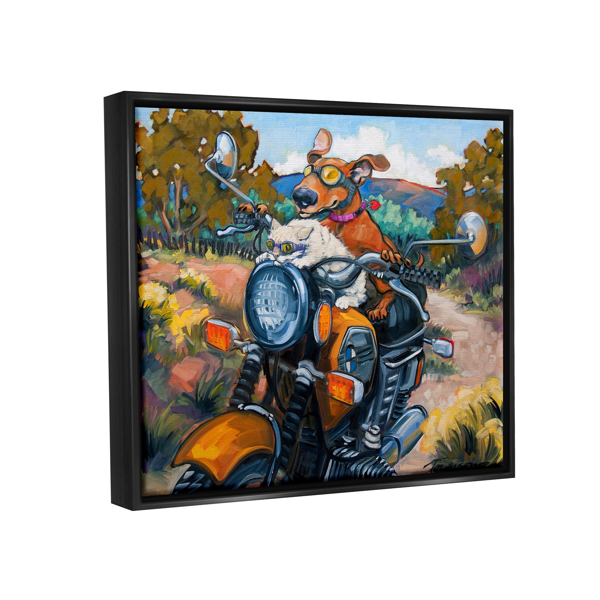 Stupell Industries Cat & Dog on Motorcycle Animals & Insects Painting Black Floater Framed Art Print Wall Art, 31 x 25