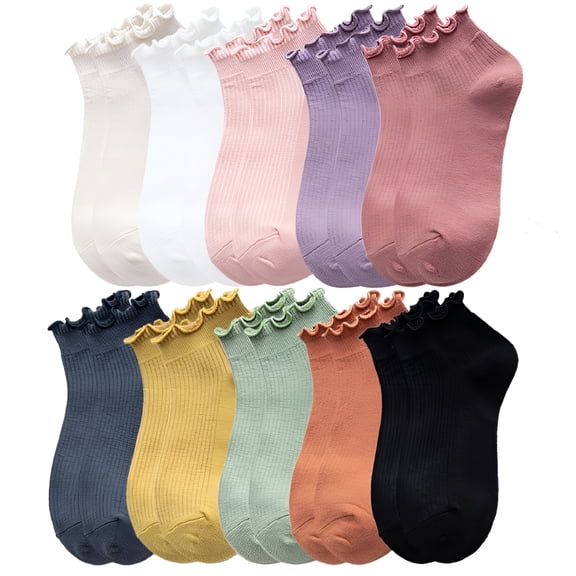 TELOLY Women Ankle Socks Cotton Womens Ruffle Ankle Socks - 10 Pairs Ruffle Turn-Cuff Casual Socks Short Socks