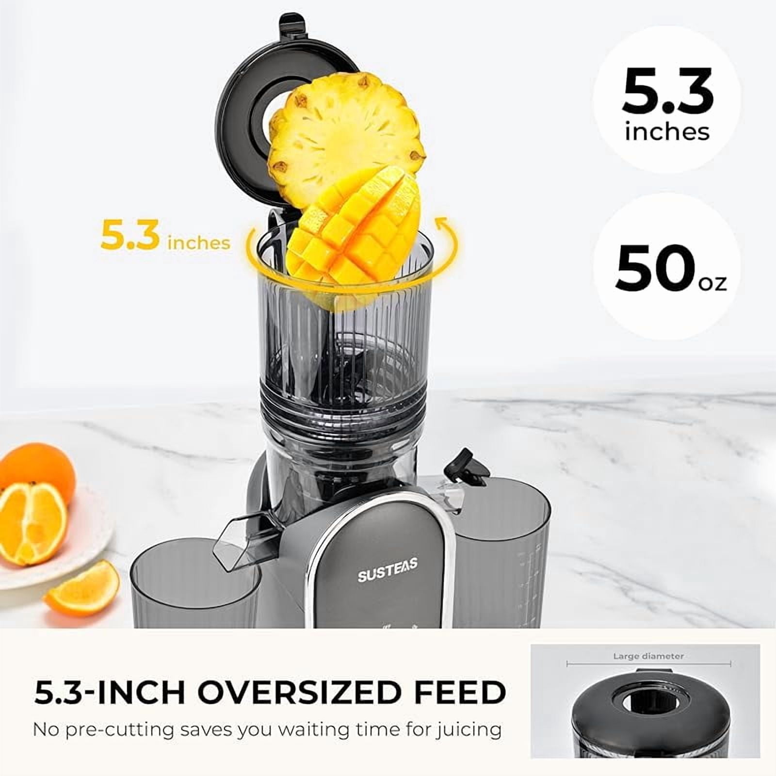 SUSTEAS Cold Press Juicer Machines, 5.3" Feed Chute(50oz Capacity), 300W Slow Masticating Juice Extractor for Whole Fruits and Vegetables, Automatic Feed, Easy to Clean, High Juice Yield,Silver gray
