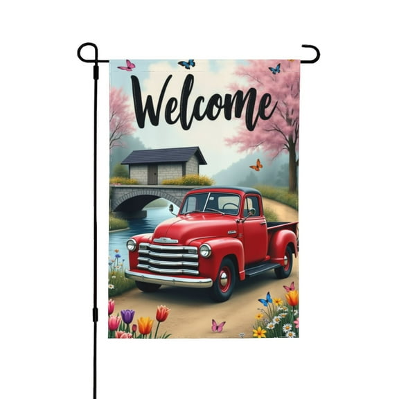 Spring Summer Garden Flag Welcome For Outside Red Pickup Truck With Flowers And Bridge In 12×18 In Double Sided Yard Flag House Holiday Outdoor Farmhouse Decoration Gazebo Terrace Mother's Day