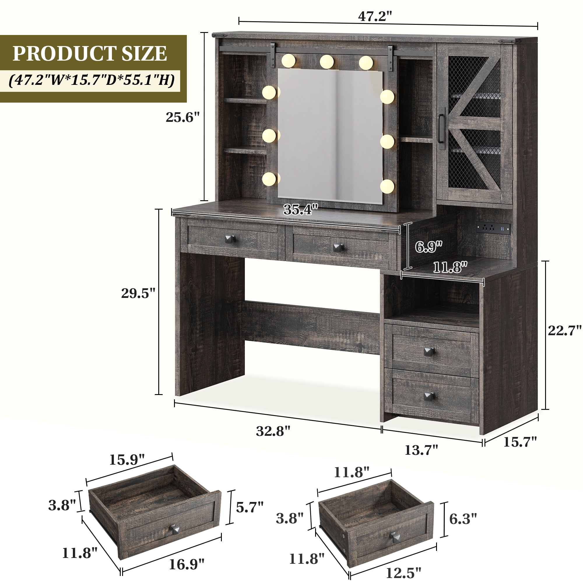 Farmhouse Makeup Vanity with Sliding Mirror & Lights Large Vanity Desk with Charge Station Dressing Table with 4 Drawers & 2 Cabinets, Dark Rustic Oak