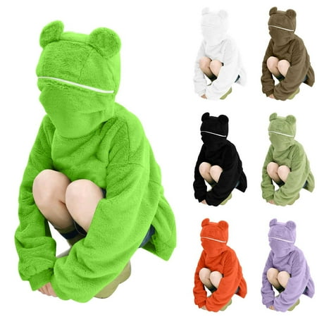 QATAINLAV Oversized Hoodies for Women Cute Frog Hooded Fleece Sweatshirt Fuzzy Warm Long Sleeve Pullover Tops with Pocket Winter Clothes White XL