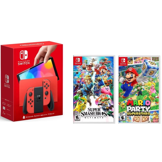 Consola Nintendo Switch - OLED 64Gb Modelo: Mario Red Edition (Versión Internacional) + juegos fisicos de Super Smash Bros Ultimate Standard Edition y Mario Party Superstars