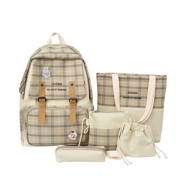 Mochila Mujer Bolsa 5 unids/set mochila de mujer moda lindo de escuela a cuadros para vacaciones (caqui) Tmvgtek Para Estrenar