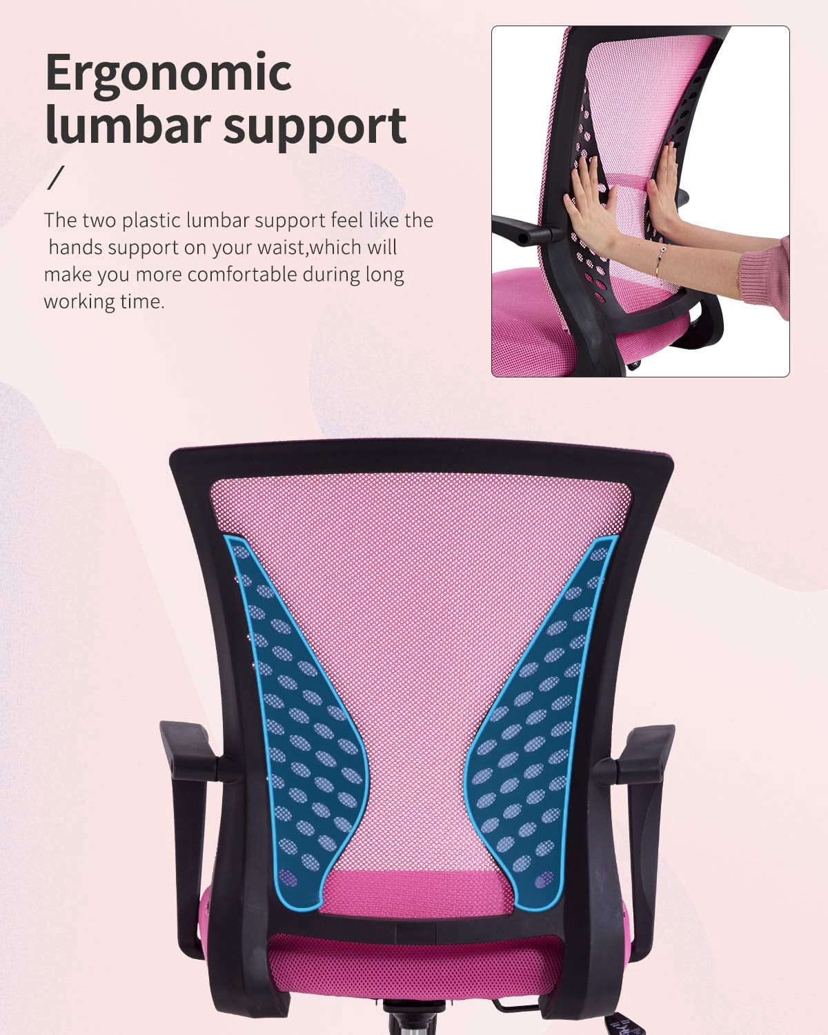 Home Office Chair - Ergonomic Mesh Desk Chair with Lumbar Support, Height Adjustable Task Chairs with Fixed Armrest, for Computer, Students, Conference, 360° Swivel, Pink