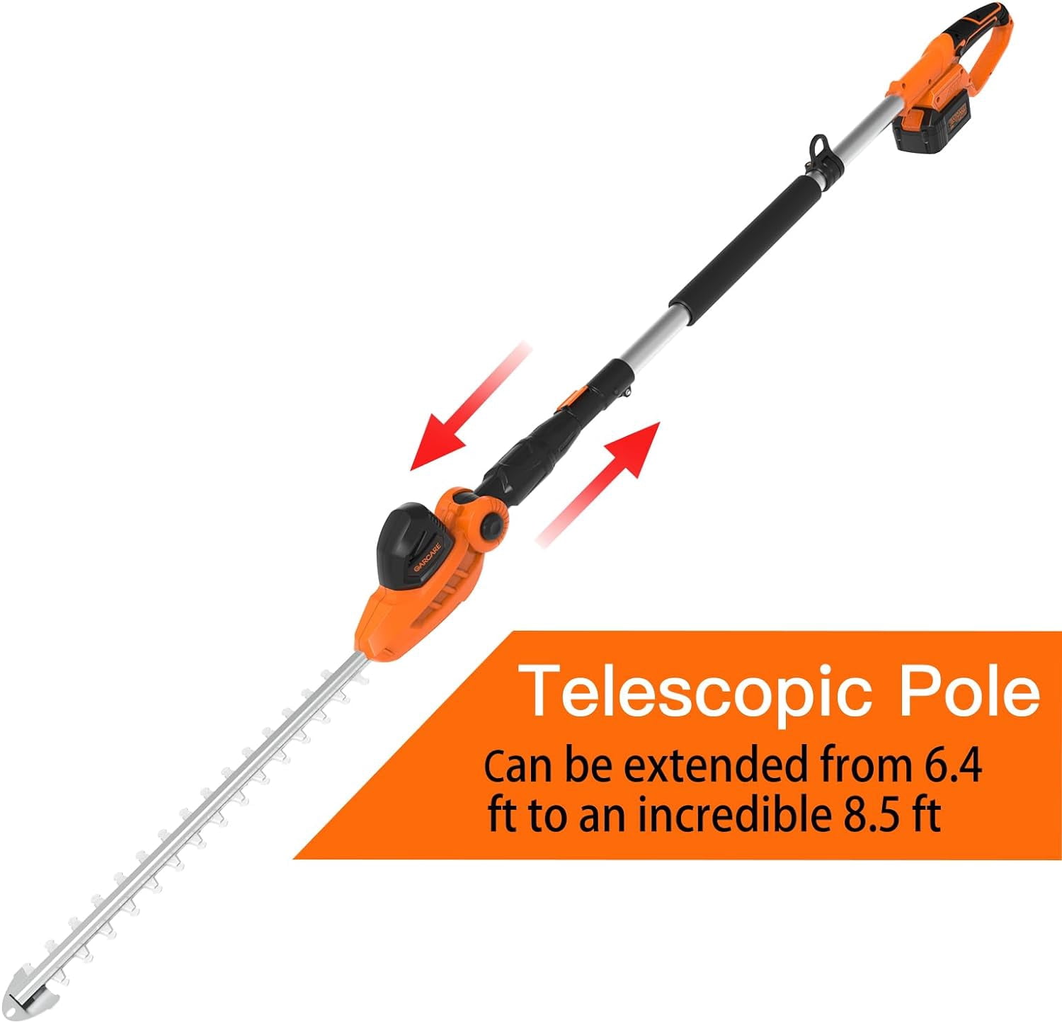 GARCARE Pole Hedge Trimmer Cordless with 20V 4.0Ah Li-Ion Battery & Quick Charger, 450mm Laser Cut Blade