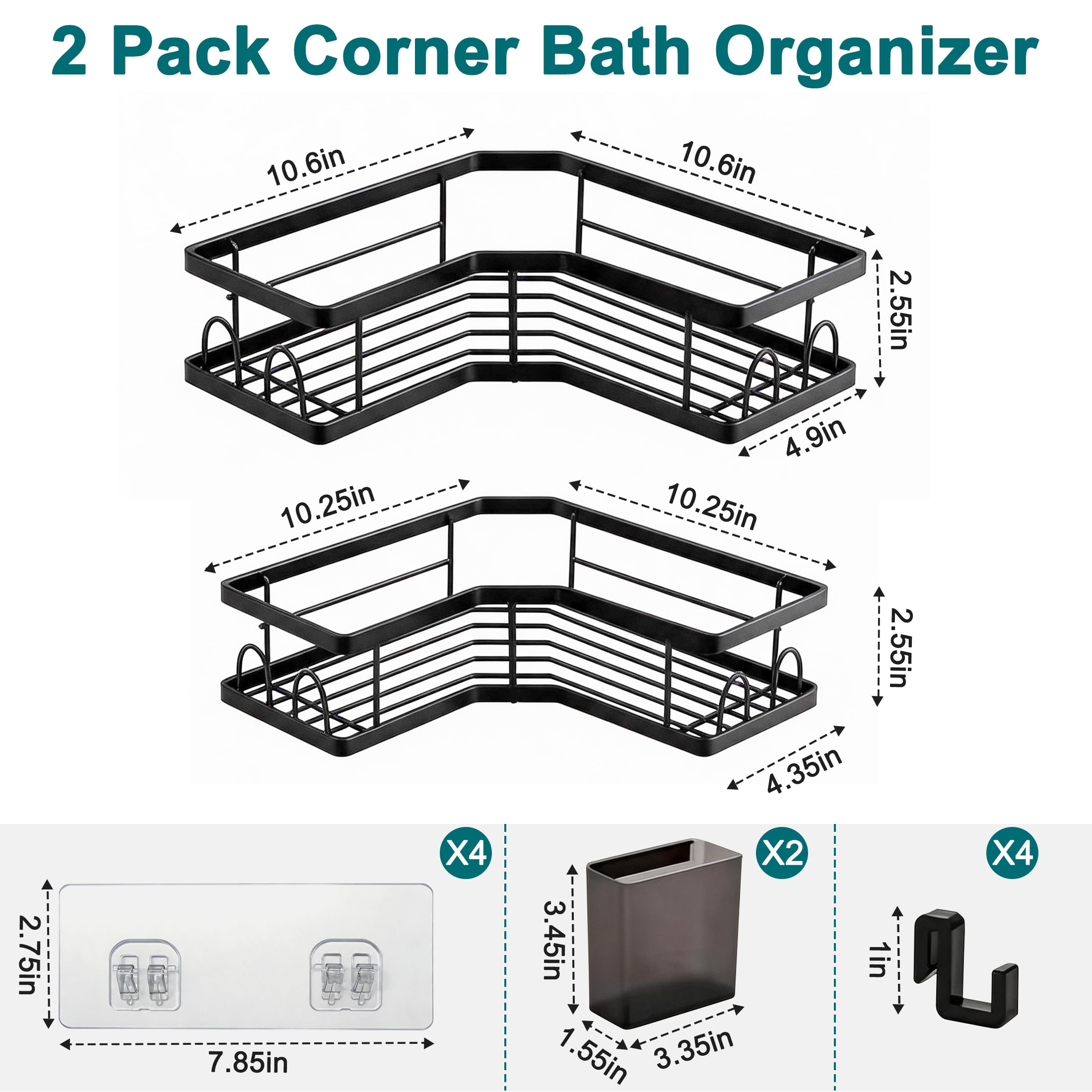 Corner Shower Caddy, 2 Pack Adhesive Shower Organizers with Hooks & Toothpaste Holder, Rustproof Metal Shower Shelves, No Drilling Bathroom Organizers and Storage Racks