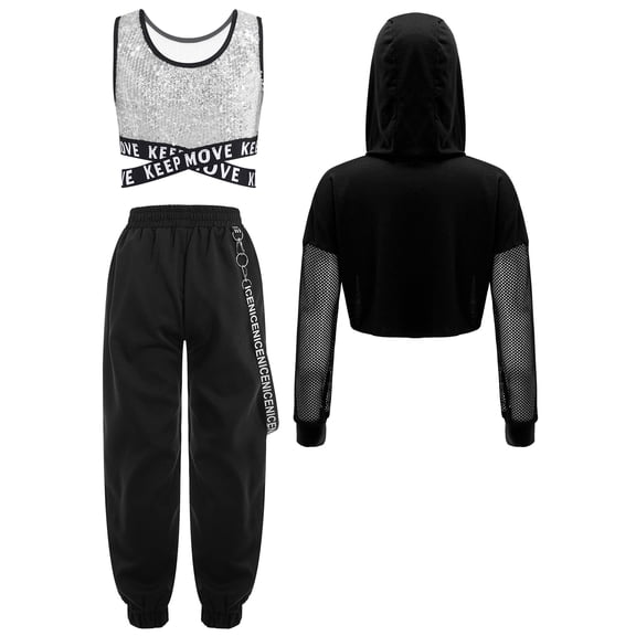Hansber Kids Girls Street Hip Hop Jazz Dance Outfits 3-Piece Long Sleeve Hoodie Crop Top with Cargo Pants Set Silver&Black 8