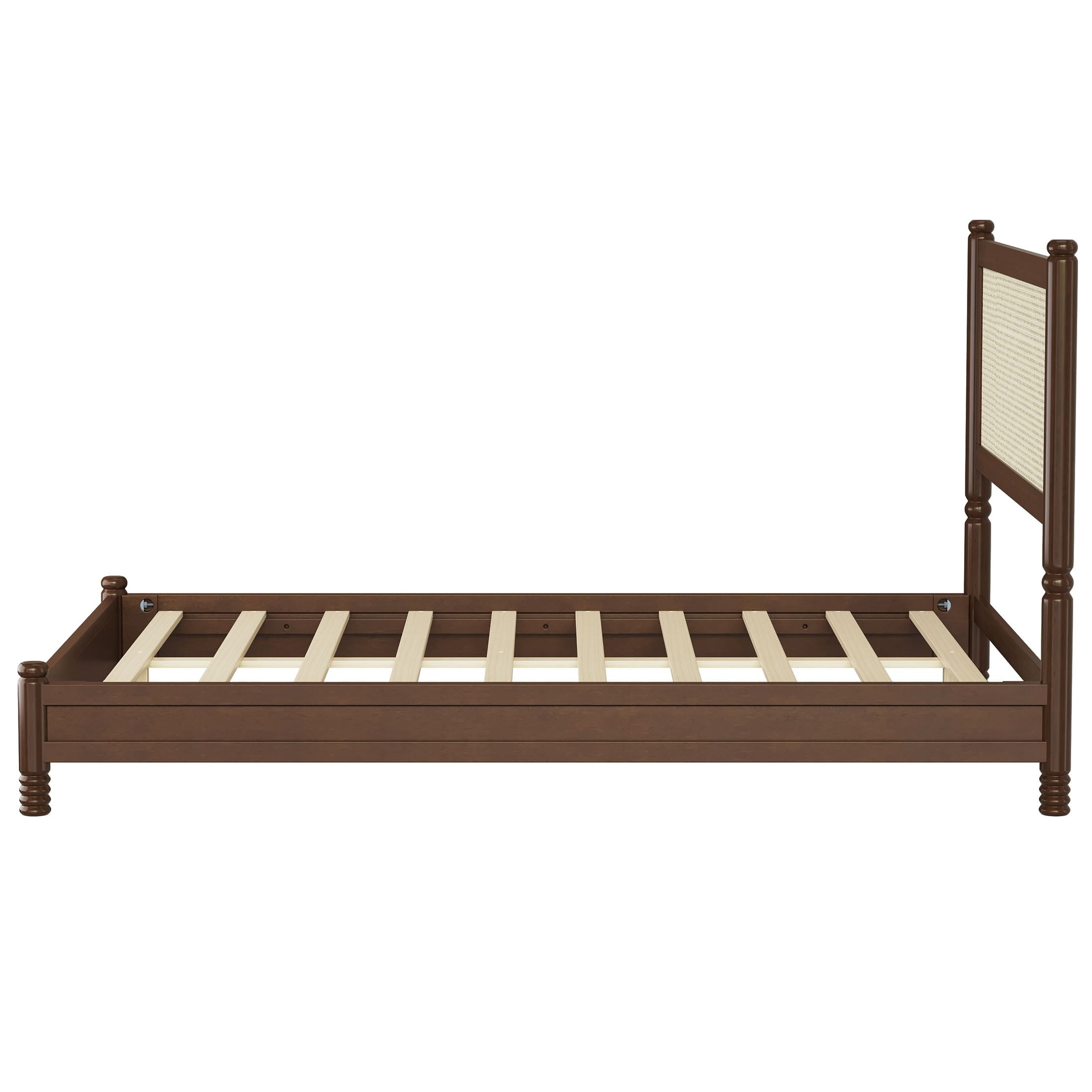 GDF Studio Annes Full Size Boho Rattan Platform Bed Frame with Turned Legs, Woven Cane Pine Wood Bed Frame, Walnut