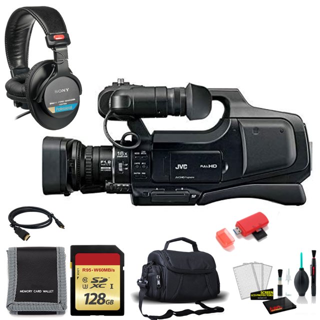 JVC JY-HM90AG HD Videocámara profesional/Kit de cámara con tarjeta de memoria de 128 GB + auriculares Sony y más