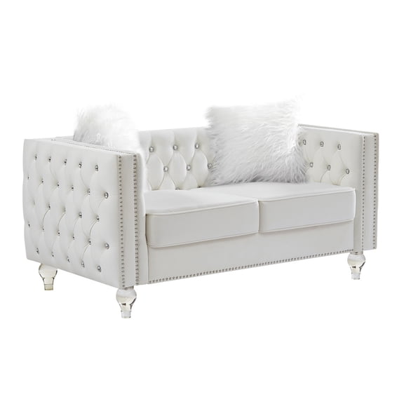 HUMEHA 59 Inch Beige Velvet Tufted Loveseat, Square Arms with Button Detail, Nailhead Trim, Crystal Acrylic Legs for Living Room, Bedroom